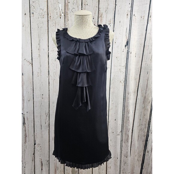 MDS Women's 4 Milly Black Silk Ruffle Detail Cocktail Shift Little Black Dress - Picture 2 of 10